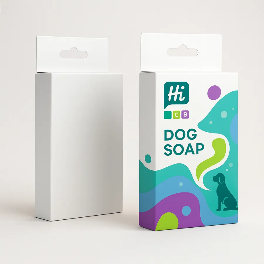 Dog soap boxes with a hang-tab- shown in plain white and a custom-printed- vibrant design- class=